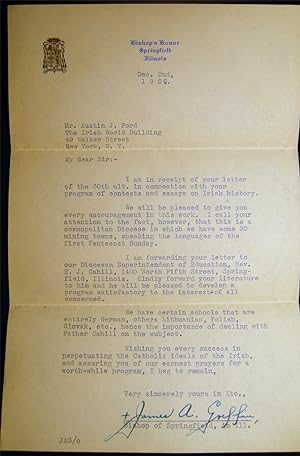 1926 Typed Letter Signed By Bishop James A. Griffin (1883 - 1948) of Springfield, Illinois to Aus...