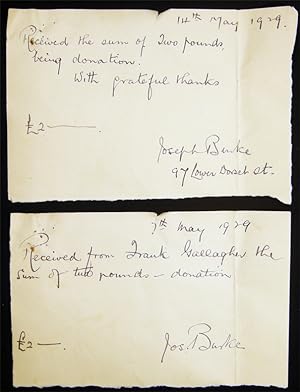 1929 Six Manuscript Receipts Signed By Joseph Burke of 97 Lower Dorset St. Dublin, Given to Frank...