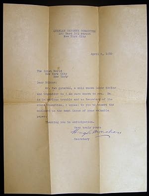 1935 Typed Letter Signed By Hugh Monahan, Secretary of the Quinlan Defense Committee to the Edito...