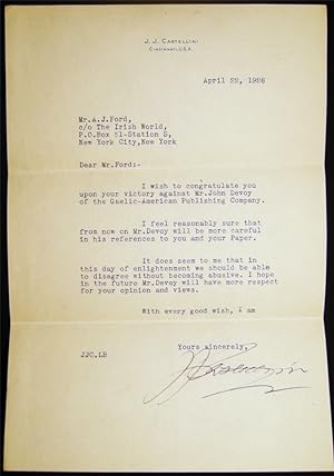 1926 Typed Letter Signed By J.J. Castellini to A. J. Ford, Editor of the NY Irish World Newspaper...