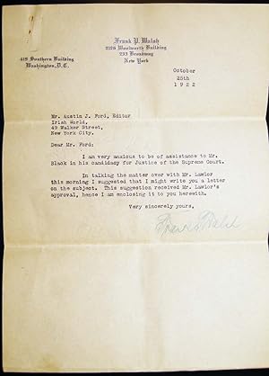 Two Related Typed Letters Signed By Frank P. Walsh (1864 - 1939) American Lawyer and Social Justi...