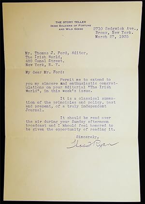 1935 Typed Letter Signed By Thomas F. Ryan The Story Teller Irish Soldiers of Fortune and Wild Ge...