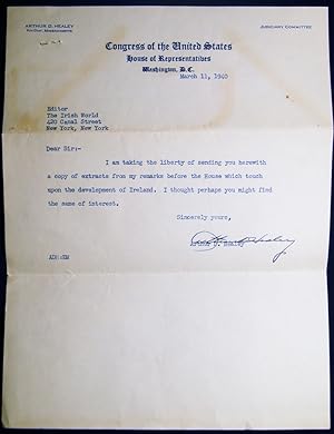 1940 Typed Letter Signed By Arthur Daniel Healey (1889 - 1948) U.S. Congressman to the Editor of ...