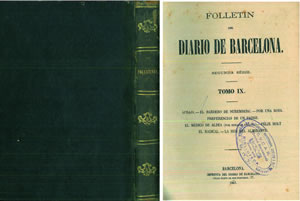 Imagen del vendedor de FOLLETN DEL DIARIO DE BARCELONA. Tomo IX. Segunda serie. AFRAJA - EL BARBERO DE NUREMBERG - POR UNA ROSA - PREFERENCIAS DE UN PADRE - EL MDICO DE ALDEA - FLIX HOLT - EL RADICAL - LA HIJA DEL ALMIRANTE. a la venta por Librera Anticuaria Galgo