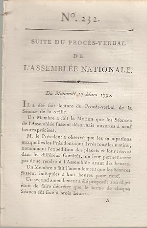 Bild des Verkufers fr Suite du procs -Verbal de L'Assemble Nationale. Du mercredi 17 mars 1790,. N 232 zum Verkauf von PRISCA