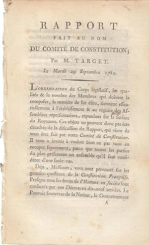 Bild des Verkufers fr Rapport fait au nom du Comit de Constitution, par M. Target. Le . 29 septembre 1789. zum Verkauf von PRISCA