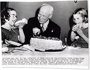 Captioned Press Wire Photo of Norman Thomas Celebrating His 70th Birthday, 1954