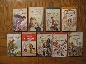 Immagine del venditore per Fables Satire and Fantasy Nine (9) Airmont Paperback Classics, including: Grimm's Fairy Tales - Illustrated (CL168); The Adventures of Pinocchio - Illustrated (CL101); Gulliver's Travels (CL15); At the Back of the North Wind - Illustrated (CL100); The Legend of Sleepy Hollow and Other Stories (CL50); Aesop's Fables - Illustrated (CL81); The Wonderful Wizard of Oz - Illustrated (CL69) Just So Stories - Illustrated (CL123), and; The Adventures of Robin Hood - Illustrated (CL67) venduto da Clarkean Books