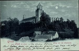 Mondschein Ansichtskarte / Postkarte Toszek Tost Oberschlesien, Burg von der Westseite