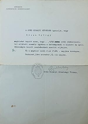 Bild des Verkufers fr [A Certification of the Swedish Royal Legation.] A Svd Kirlyi Kvetsg igazolja, [.] zum Verkauf von Fldvri Books