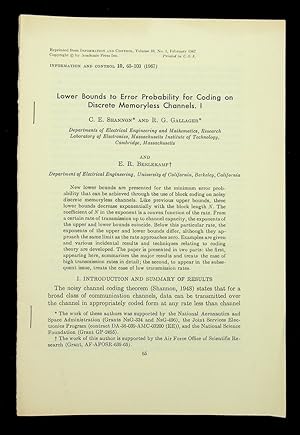 Imagen del vendedor de Lower Bounds to Error Probability for Coding on Discrete Memoryless Channels. [Part] I [offprint] a la venta por Kuenzig Books ( ABAA / ILAB )