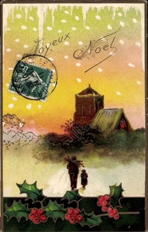 Präge Ansichtskarte / Postkarte Glückwunsch Weihnachten, Kirche, Schneefall, Stechpalmenzweige