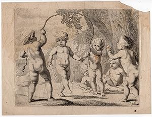 Antique Print-NAKED CHILDREN-PLAYING-ROPE-Schut-1612-1655