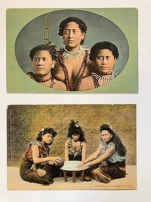 Two early C20th colour postcards of Samoa : SAMOAN GIRLS PREPARING KAWA & SAMOAN GIRLS