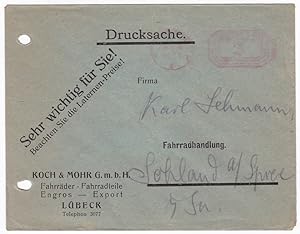 Image du vendeur pour Drucksache, altes Kuvert / Umschlag, Koch&Mohr Fahrrder Fahrradteile Lbeck Fahrradhandlung mis en vente par GAENSAN Versandantiquariat