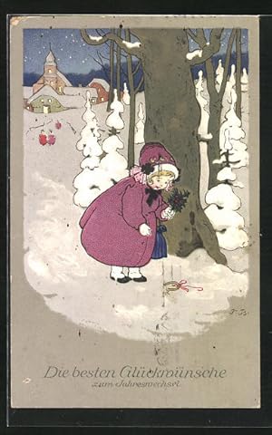 Image du vendeur pour Knstler-Ansichtskarte Fritz Baumgarten: Neujahrsgruss, Mdchen findet das Glck im Schnee mis en vente par Bartko-Reher