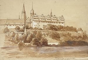 "Merseburg". Ansicht des Merseburger Schlosses mit dem Dom vom Ufer der Saale aus. Lavierte Bleis...