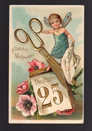 Christmas Greetings Postcard - German Embossed Gilt Fairy & Scissors