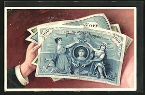 Präge-Ansichtskarte Prosit Neujahr mit Mark-Banknoten gehalten von einer Männerhand