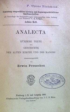 Image du vendeur pour Analecta: Krzere Texte zur Gschichte der alten Kirche und des Kanons Sammlung ausgewhlter kirchen- und dogmengeschichtlicher Quellenschriften, 8. Heft, mis en vente par books4less (Versandantiquariat Petra Gros GmbH & Co. KG)