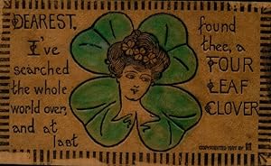 Leder Ansichtskarte / Postkarte Frauenportrait im vierblättrigen Kleeblatt, Four Leaf Clover