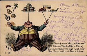 Künstler Ansichtskarte / Postkarte Dicker Mann jongliert mit Essen, Kümmel, Bier, Wurst