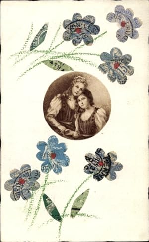 Handgemalt Briefmarken Ansichtskarte / Postkarte Zwei junge Frauen, Portrait