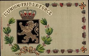 Bild des Verkufers fr Prge Wappen Ansichtskarte / Postkarte Belgien, Kronen, Lwe, L'Union fait la Force zum Verkauf von akpool GmbH