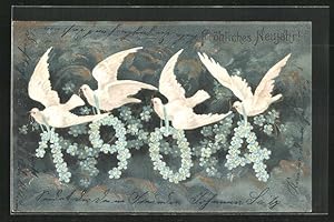 Bild des Verkufers fr Prge-Lithographie Jahreszahl 1904, Tauben mit blauen Blten zum Verkauf von Bartko-Reher