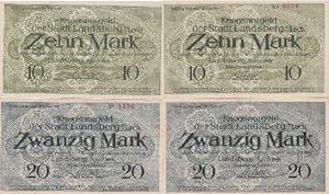 Bild des Verkufers fr Kriegsnotgeld der Stadt Landsberg am Lech. 2 Scheine ber 10 und 20 Mark. zum Verkauf von Antiquariat Heinz Tessin