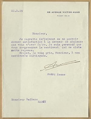 Seller image for Andr Hesse (1874-1940) - Rare lettre signe - 1934 for sale by PhP Autographs