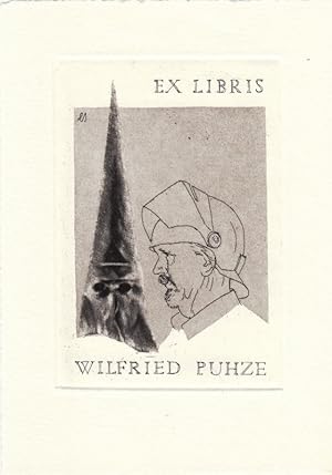 Imagen del vendedor de Ex Libris Wilfried Puhze. Maske und behelmter Mnnerkopf. a la venta por Antiquariat  Braun