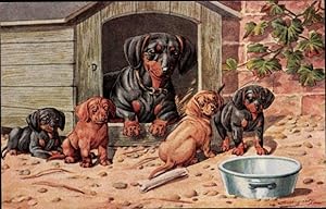 Künstler Ansichtskarte / Postkarte Bungartz, Dackel, Hundefamilie vor einer Hundehütte, Schüssel,...