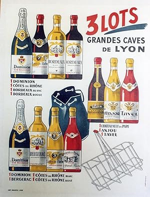 "GRANDES CAVES de LYON" Affiche originale entoilée / Litho par Colette FREYCHET / Imp. MOLIÈRE Ly...