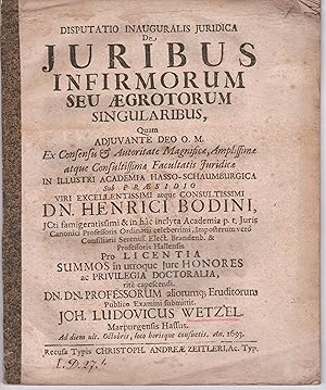 Bild des Verkufers fr Juristische Inaugural-Dissertation. De iuribus infirmorum seu aegrotorum singularibus. zum Verkauf von Wissenschaftliches Antiquariat Kln Dr. Sebastian Peters UG