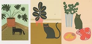 Naughty Black Cats Flower Pots 3x Painting Cat Postcard s