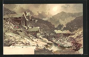 Bild des Verkufers fr Knstler-Ansichtskarte Theodor Guggenberger: Dorf im Mondlicht einer kalten Winternacht zum Verkauf von Bartko-Reher