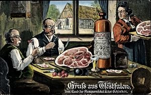Künstler Ansichtskarte / Postkarte Gruß aus Westfalen, Pumpernickel, Schinken, Schlichte Steinhäger