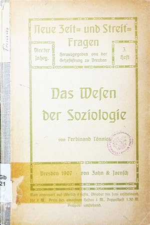 Bild des Verkufers fr Das Wesen der Soziologie. Vortrag, gehalten in der Gehe-Stiftung zu Dresden am 12. Januar 1907. zum Verkauf von Antiquariat Bookfarm