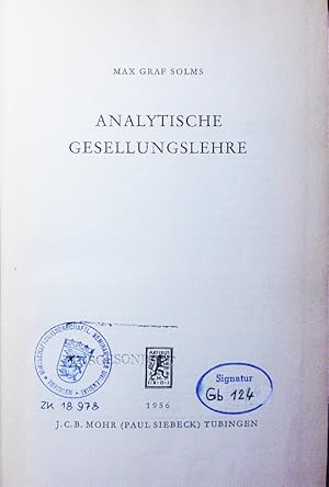 Image du vendeur pour Analytische Gesellungslehre. mis en vente par Antiquariat Bookfarm