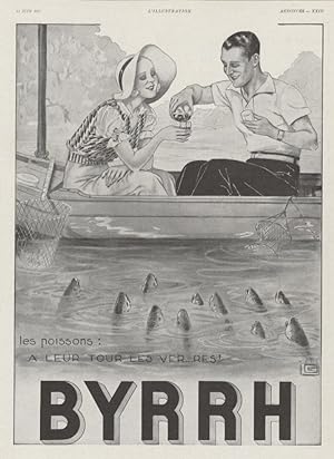 "BYRRH A LA PÊCHE" Annonce originale entoilée pour L'ILLUSTRATION du 11/06/1932 illustrée par Geo...