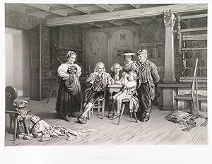 LA PREMIERE CHOPE. A rustic scene with a (possibly Bavarian) family admiring a young lad tastin...