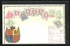 Ansichtskarte Fiji, Briefmarken, Wappen und Landkarte