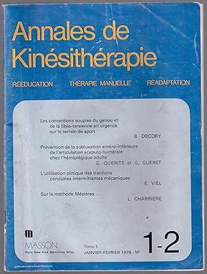 Imagen del vendedor de Annales de Kinsithrapie Tome 5, janvier-fvrier 1978, n1-2 a la venta por LibrairieLaLettre2