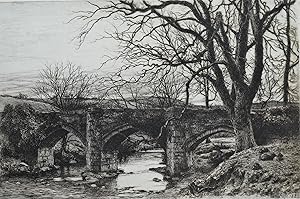 CHAGFORD BRIDGE, Dartmoor, Devon, R.S.Chattock etching antique print 1882