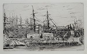 SEAHAM HARBOUR, DURHAM, North Dock M.Ridley maritime etching antique print 1880