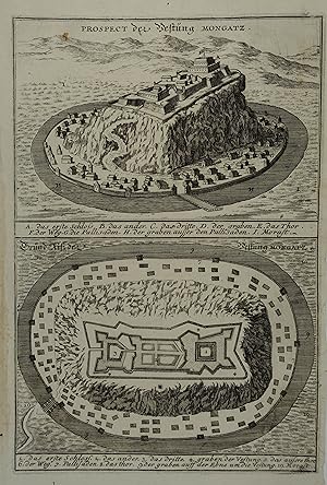 Prospect der Vestung Mongatz / Grund Riß der Vestung Mongatz. 2 Kupferstiche auf 1 Blatt aus Matt...