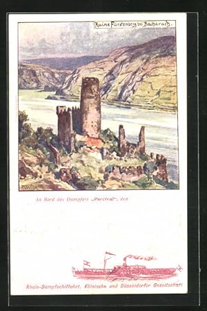 Imagen del vendedor de Knstler-Ansichtskarte Bacharach, Ruine Frstenberg, Rhein-Dampfschiff Parcival, Kln. u. Dsseld. Gesellschaft a la venta por Bartko-Reher