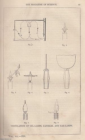 1846, Ventilation of Oil Lamps, Candles, and Gas Lamps. A full page engraving featured in a compl...