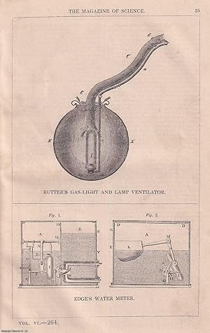 1845, Rutter's Gas Light and Lamp Ventilator, along with Edge's Water Meter. A full page engravin...